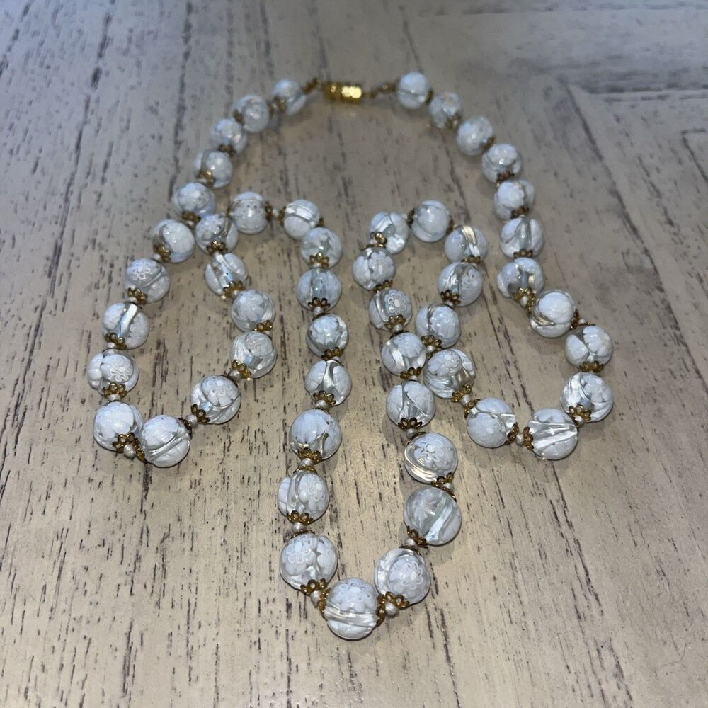 Vintage Venetian Millefiori White Snowflake Glass Beads Ornate Necklace  28”